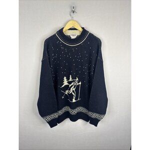 Vintage Tundra Canada 100% Virgin Wool Nordic Skier Sweater XL Black Winter Knit